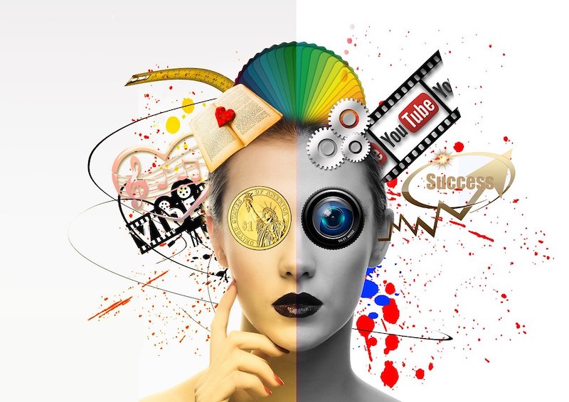 poster of womens face with content like youtube musical notes and art designed around her head