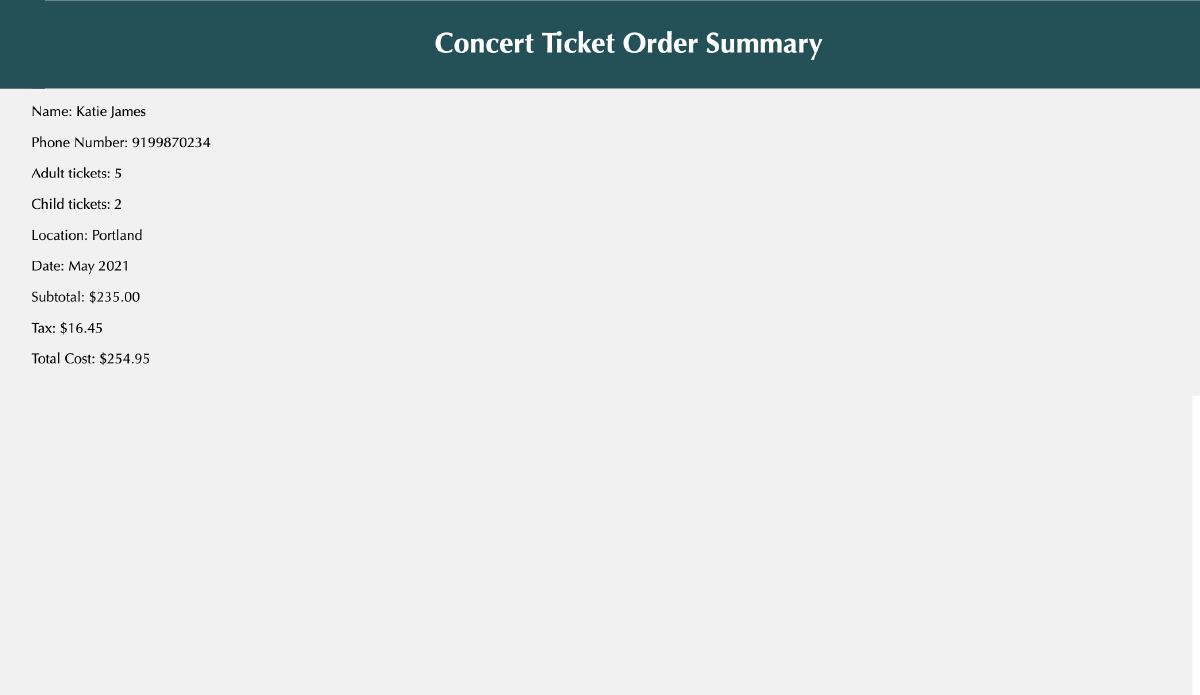 generated ticket and price information after form submition