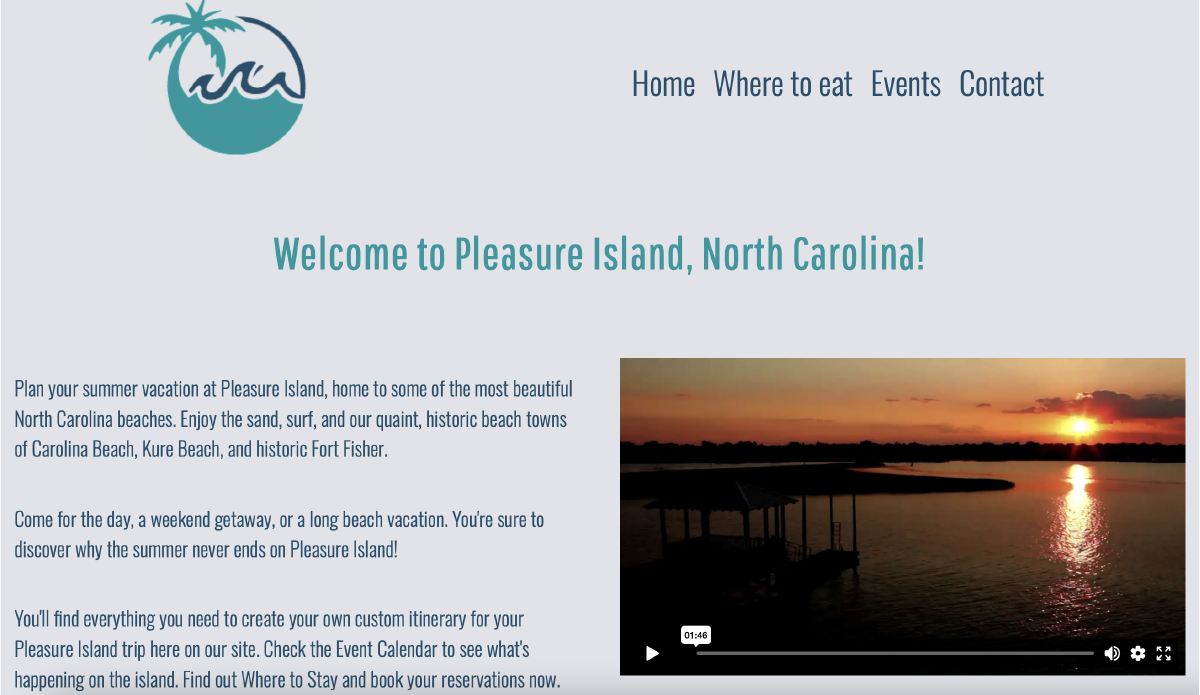 Image of home page with a video to the right and logo with palm tree at the top right.