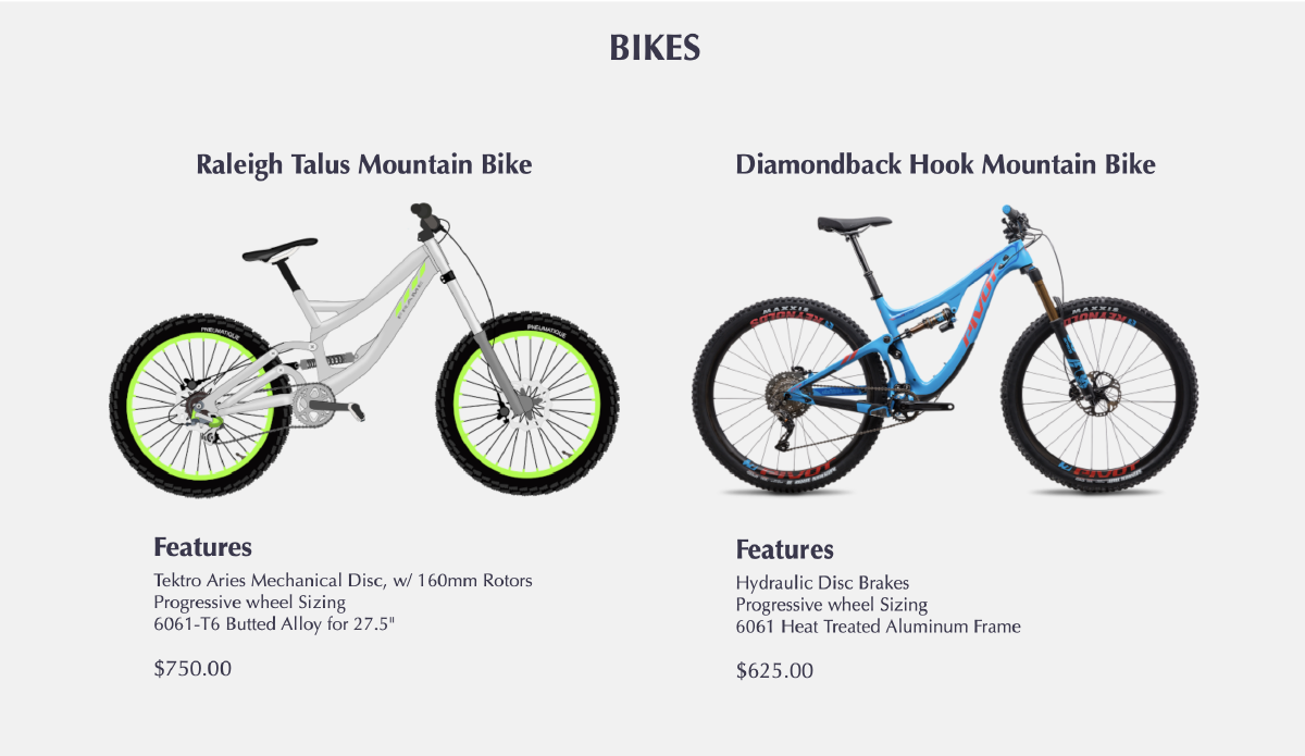 Two images of bikes with their name and pricing displayed.