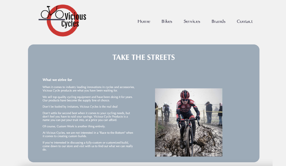 Home page with article and man riding bicycle through mud.