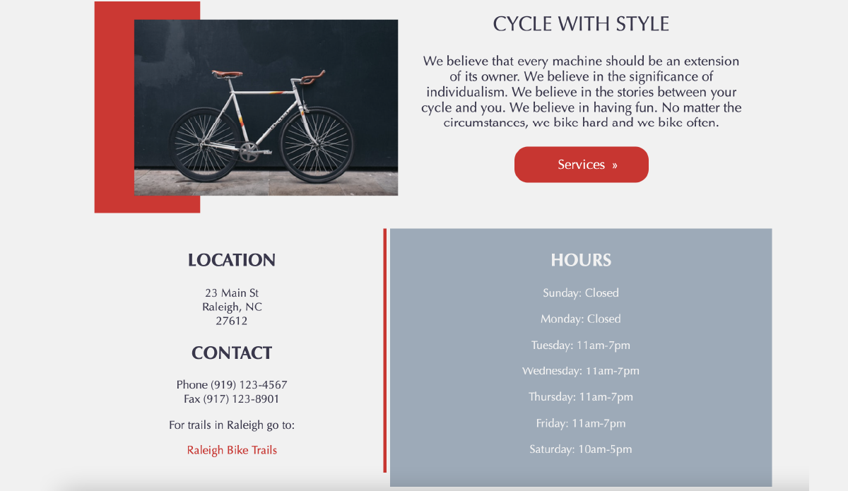 Location and hours information as well as image of bicycle